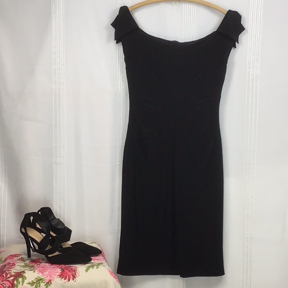 Lauren Black Ruched Lined Jersey with Cap and Bow Sleeves Cocktail Dress - Picture 14 of 16
